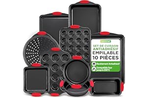 NutriChef Moules à Pâtisserie, Lot de 10 Pièces avec Poignées en Silicone, Set de Moules Antiadhésif, Plaques de Cuisson en Acier au Carbone Flexible et Antiadhésif,Passe au four, Noir