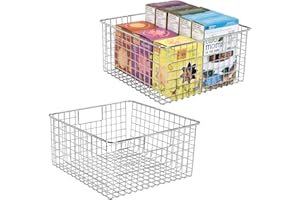 mDesign Juego de 2 cestas de metal multiusos fabricadas con alambre metálico – Organizador de cocina y despensa versátil – Cesta organizadora compacta y universal con asas – cromado