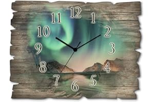 ‎ARTLAND ARTLAND Wanddeko Wanduhr ohne Tickgeräusche aus Holz Funkuhr 40x30 cm Rechteckig Lautlos Nordlicht Polarlicht Landschaft Natur Nordisch T9SZ