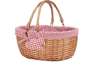 G GOOD GAIN Cestino da Picnic,Cesto in vimini con Doppi Manici Pieghevoli Fodera, Cesto da Picnic in Salice, Cesto Intrecciato Mano Naturale,Cesto per Imballaggio Regalo,Cesto per Uova di Pasqua,Rosso