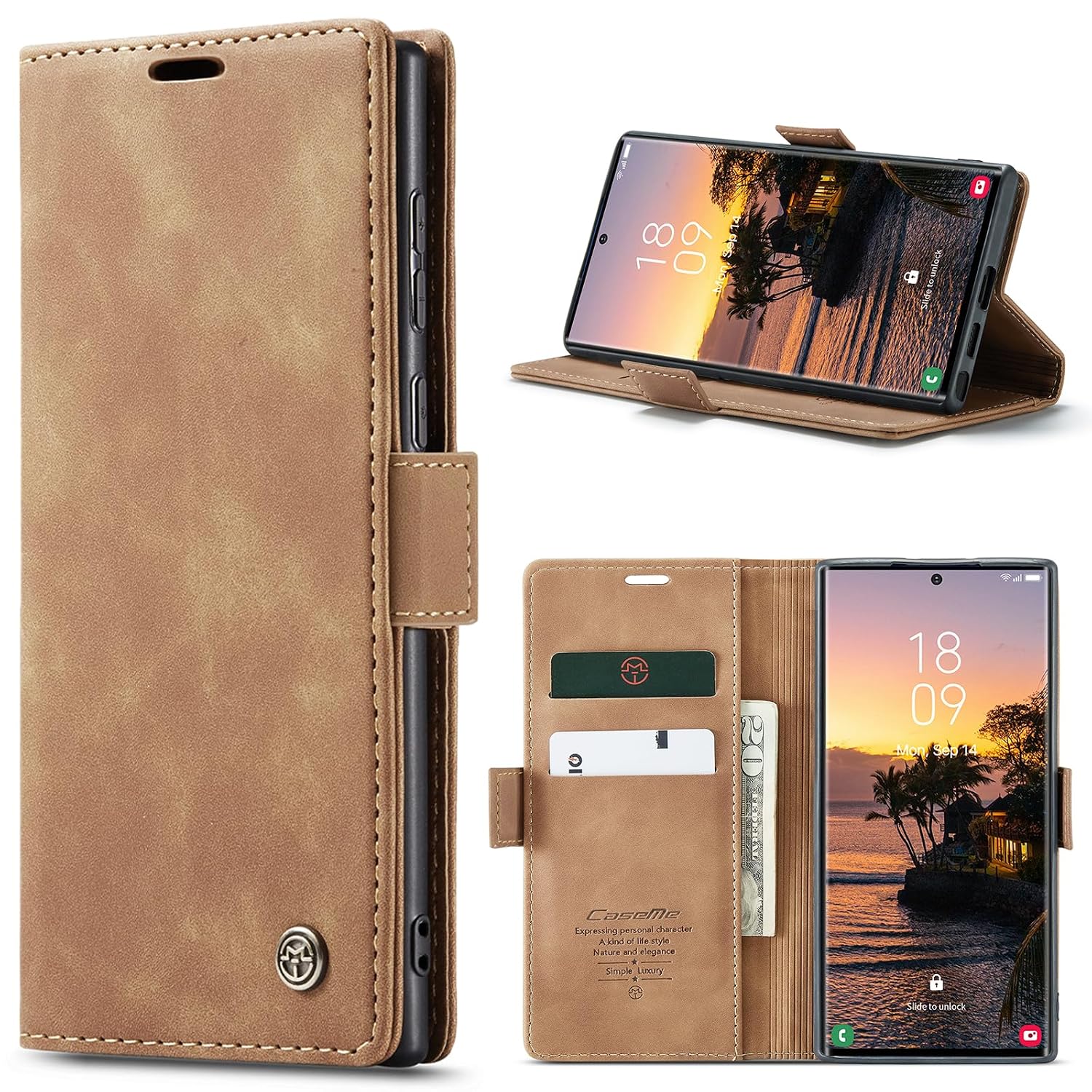 Azororo Beschermhoes voor Samsung Galaxy S24 Ultra 5G, premium lederen beschermhoes, portefeuille, flip case, magneetsluiting, beschermhoes voor Samsung Galaxy S24 Ultra, bruin