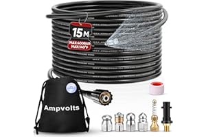 Ampvolts 15M Desatascador de Tuberías a Presión - 400 Bar/5800 PSI, 5 boquillas Compatible con Hidrolimpiadoras Karcher K2 K3 K4 K5 K6 K7 - Limpia Fácilmente Tuberías y Desagües Obstruidos
