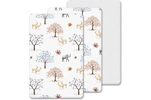 HAJRAN LINEN Lot de 3 draps-housses pour berceau - 2 draps-housses 100 % coton, 1 protège-matelas imperméable - Respirant, doux et hypoallergénique (animaux et arbres, 89-90 x 50-51 cm)