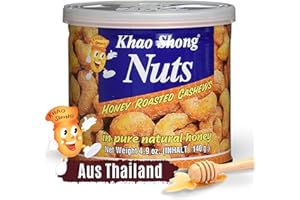 ‎KHAO SHONG Khao Shong Honey Roasted Cashews, geröstete Cashewkerne mit Honig überbacken, knuspriger Snack für unterwegs, (1 x 140 g Dose)