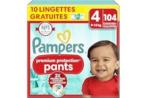 Pampers Premium Protection Pants Taille 4, 104 Couches, 9-15kg, Avec Maintien 360° et Matières Ultra-Douces Pour Notre Meilleur Confort Et Protection + 10 Lingettes Harmonie Aqua Gratuites