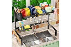 SNSLXH Égouttoir à vaisselle à 2 niveaux et 3 paniers au-dessus de l'évier, grande étagère de cuisine, convient à 99 % des éviers, drainage efficace, égouttoir de cuisine, 63 à 90 cm