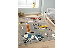 the carpet Monde Kids - Tappeto moderno per bambini, morbido, facile da pulire, colori vivaci, cantiere, gru, grigio, 140 x 200 cm