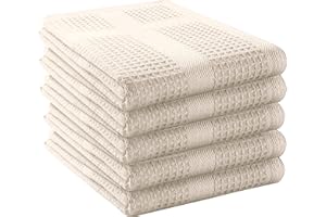 HEIRLOOM COMFORT 5 Pack Ivory Waffle Weave Kitchen Towels, 40x66 cm, 100% Cotton, Super Absorbent, Fast Dry, Durable Dishcloth Set for Cleaning, Drying Dishes, Hand Towels, Machine Washable, Cream