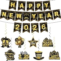 Saliyaa Banner felice anno nuovo con pompon in argento nero oro Swirl Streamers, 2021 oro nero felice anno nuovo set forniture
