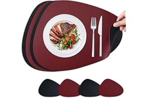 NOSTHEART Manteles Individuales y Posavasos, Salvamanteles Manteles Lavables Individuales Redondos, Manteles Individuales Antideslizantes Impermeables de Doble Cara - Negro Rojo Oscuro, Juego de 4
