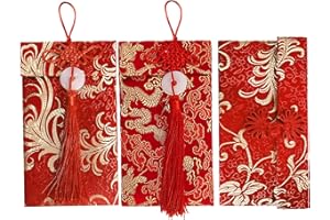 3 pcs Embroidered Red Envelopes, UNIIDECO Chinese Lunar New Year Lai Si Envelope Honhbao, Angpao Gift Wrap Bags Red Lucky Money Pockets for Spring Festival Wedding Birthday, Traditional Decoration