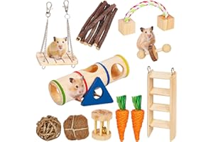 KidsPark SONNIG 11 PCS Jouet Hamster, Accessoires Naturels pour Hamster Petit Animal Jouet pour Soins Dentaires et Exercice, Jouet Cochon d'Inde, Jouet Gerbille, Jouet Rat et Accessoires de Cage