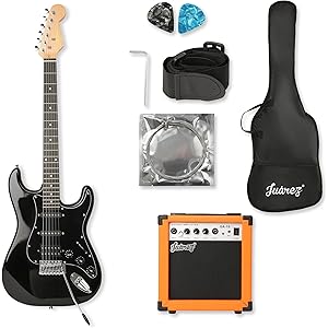 Juarez JRZ-ST01KIT-FBK Full-Size H-S-S Electric Guitar Kit for Beginners | Includes Amplifier, Cable, Strap, Picks & Gig Bag – Full Black