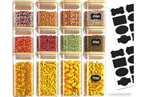 Amzeeniu Bocaux en Verre Lot de 12,430ml/750ml Bocal en Verre avec Couvercle,Pot Epices verre Rangement Cuisine Bocaux à Épices,Hermetiques Boite Rangement pour Céréales 16 étiquettes Noires,Stylo