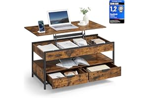 ‎VASAGLE VASAGLE Couchtisch, höhenverstellbarer Wohnzimmertisch, Kaffeetisch, mit Schubladen, offenes Fach, 50 x 100 cm, vintagebraun-tintenschwarz LCT209K01
