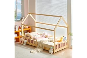 ‎FETINES FetiNes Kinderbett 90x200 Hausbett Kinder inkl. Rausfallschutz und Rolllattenrost, Montessori Bodenbett Spielbett Jugendbett Holzfarben aus Massivholz Kiefer