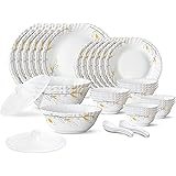 Larah by Borosil Bella Silk Series Opalware Dinner Set | 35 Pieces for Family of 6 | Microwave & Dishwasher Safe | Bone-Ash F