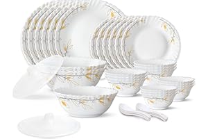 Larah by Borosil Bella Silk Series Opalware Dinner Set | 35 Pieces for Family of 6 | Microwave & Dishwasher Safe | Bone-Ash F