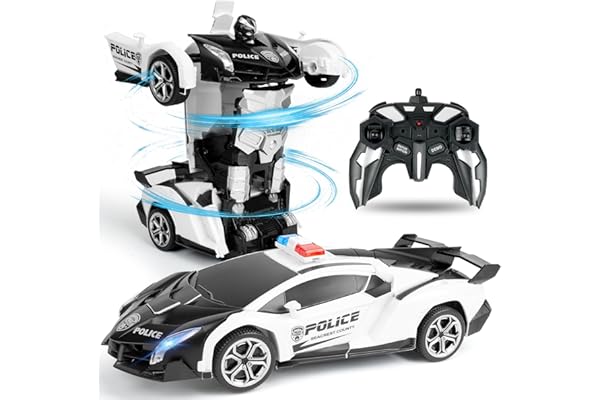 HOTUT Voiture télécommandée transformable pour garçons de 3, 4, 5, 6, 7, 8 ans, cadeaux d'anniversaire, robot de déformation 2,4 GHz, véhicule de police télécommandé, rotation à 360°, véhicule RC 2 en