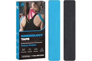 Bande de Kinésiologie AnjoCare, 5cm X 5M Bande de kinésiologie pré-découpée pour la thérapie physique, Kinésiologie Tape imperméable pour les douleurs du genou, coude et l'épaule (Noir + Bleu)