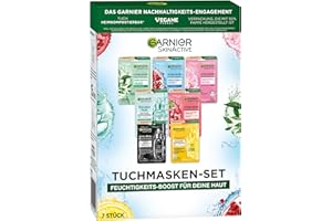 ‎GARNIER Garnier Tuchmasken Set für jeden Hauttyp, 7 Gesichtsmasken für trockene bis normale Haut, Vegane Formel mit Hyaluronsäure, Hydra Bomb und Nutri Bomb Maskenset, 7 x 28 g