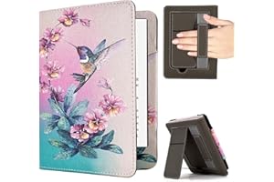 KEROM Case for 7"/6.8" Kindle Paperwhite (12th/11th Generation, 2024/2021) and Kindle Colorsoft Signature Edition Case, PU Leather Foldable Stand Cover with Hand Strap & Auto Wake/Sleep, Hummingbird