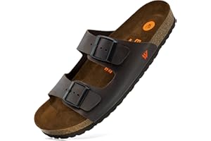 ELEWERT® Leder-Sandalen für Damen und Herren | Gepolsterte Pantoletten mit Memory Foam | Hausschuhe mit anatomischem Korkfußbett | Sommer-Flip-Flops mit Schnalle | Made in Spain | Biocomfy | EU37/47