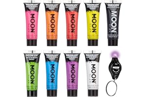 Moon Glow, intensive Neon-UV-Gesichts- und Körperfarbe, inklusive UV-Schlüsselanhänger (Rosa, Orange, Gelb, Grün, Blau, Lila, Rot, Weiß, Schwarz, 12 ml (9er-Pack))