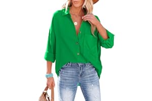 NONSAR Chemisier pour femme - Chemise décontractée avec col en V - 100 % coton - Coupe ample - Solide - Haut épais - Élégant, avec poche