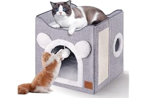 CATISM Składany domek dla kotów, 40 x 40 x 35 cm, 2-warstwowy, duża jaskinia dla zwierząt domowych, kotów z deską do drapania i puszystą kulką dla małych średnich zwierząt domowych do odpoczynku