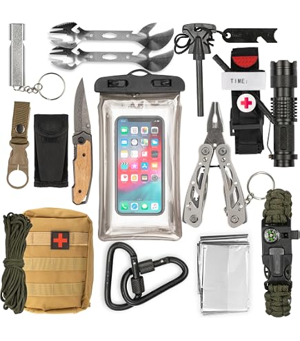 SHOP-STORY - Kit de Survie 21 Pièces Compact Forme Grenade avec Accessoires – Kit Outdoor Camping Randonnée avec Mousqueton Noir