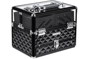 SONGMICS Deluxe etui na kosmetyki kosmetyczne, organizer kosmetyczny, do użytku profesjonalnego artysty, etui kolejowe z przezroczystą akrylową pokrywką i wysuwaną tacą, czarne JBC318B, czarny, 30