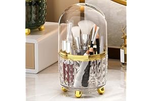Terafeels Makeup Brush Holder with Dustproof Lid 360 Rotating Make Up Organiser for Vanity Table Bedroom Bathroom Cosmetics Box for Women Girls, 8101