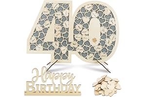 BOFUNX Gästebuch 40 Jahre aus Holz Geburtstag Gästebuch Geburtstagsdeko Geburtstagsgästebuch | 80 Holz Herzen zum Beschriften | 1 Happy Birthday Holzschild | Geburtstagsgeschenke