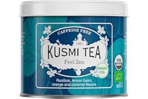 ‎KUSMI TEA Kusmi Tea - Feel Zen - Organiczny napar - Mieszanka ziół i jabłek, smak pomarańczowo-karmelowy - Organiczny napar Rooibos bez teiny - Metalowa puszka na herbatę 100g - Ilość na około 50 filiżanek