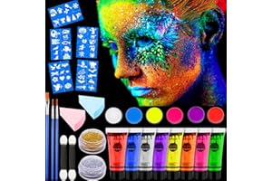 Amzeeniu Kinderschminken 26pcUV Bodypainting Neonfarben Bodypainting Körperfarbe Schwarzlicht mit Glitzer,Schablone,Pinsel für Fluoreszierende Farbe Gesichtsfarbe Erwachsene Maskerade Halloween,Kinder