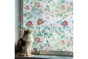 DARUITE Folia okienna nieprzezroczysta z efektem tęczy, wzór róż, dekoracyjne folie okienne, statyczna ochrona przed promieniowaniem UV, do salonu, kuchni, biura (60 x 200 cm)