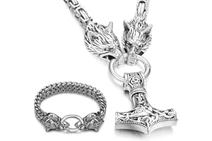 Roheafer Uomo Collana Martello di Thor Pendente Mjolnir Bracciale Lupo Argento/Oro Collana Martello di Thor in Acciaio Inossidabile Con Catena del Re Gioielli Vichinghi per Uomo Lunghezza 50cm-70cm