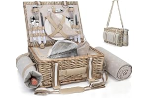 SATISINSIDE Picknickkorb aus Weide, für 2 Personen, mit isolierter Auskleidung und wasserdichter Picknickdecke und Weintasche, großer Picknickkorb für Camping, Outdoor, Geburtstag, Weihnachten für Paare