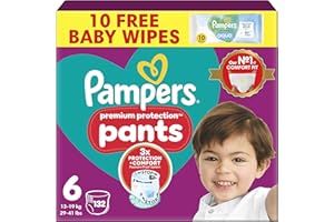 Pampers Premium Protection Nappy Pants Size 6, 132 Nappies, 13kg-19kg, Monthly Pack + Pampers Harmonie Aqua Baby Wipes 1 pack of 10 Wipes