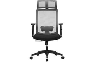 SONGMICS Silla de Oficina de Malla, Silla de Escritorio, Giratorio de 360°, Soporte Lumbar Ajustable, Apoyacabezas y Apoyabrazos, Inclinación del Respaldo hasta 120°, Gris OBN55BG
