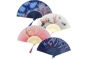 hocadon 4 Pieces Folding Fan Silk Fabric Fans Wedding Fan Bamboo Fans with Tassel for Dancing, Party, Wedding Gifts, Cosplay, Home Decorations, Style 1