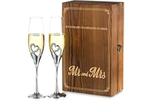 Nuptio Copas champán personalizadas para bodas: con Caja Regalo Madera, Juego De 2 Copas Prosecco Cristal, Regalo de plata de Compromiso, Brindis, Aniversario y Fiesta Despedidas De Soltera