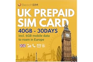 BeachSIM UK SIM Card válida Durante 30 días. 40 GB con número del Reino Unido. La Tarjeta SIM anónima Que Funciona en más de 70 países.