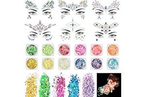 ‎OGODEAL Edelsteine Strasssteine Glitzer Gesicht, oGoDeal Selbstklebend Schmucksteine Aufkleber Glitzerpulver Pailletten Set, Gesichtssticker Glitter für Masquerade Party Make-up