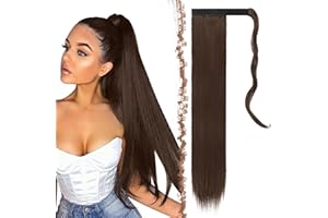 FESHFEN Straight Ponytail Extensions Long Wrap Around Ponytail Synthetic Clip in Pony Tail Hair Extensions Medium Brown Hairpiece for Women, 24 inch