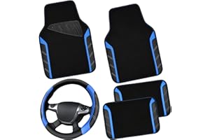 ‎CAR PASS CAR PASS Leder Lenkradbezug und wasserdichte Auto Fußmatten, Mikrofaser Universal Auto Combo passend für 95% LKWs SUVs Autos, 36.8-38.1CM Sportlich Anti-Rutsch Design(Schwarz Blau)