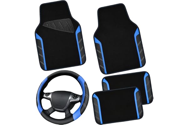 CAR PASS Housse Volant en Cuir et Tapis Sol Voiture imperméables, Universelle pour 95% des Voitures camions SUV, 36.8 à 38.1 cm, Design Sportif antidérapant et Confortable(Noir et Bleu)