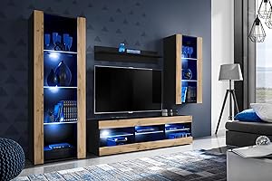 Komodee Tivoli Medio Wall Unit Living Room Set, Wotan/Black, Width 245 cm x Height 159 cm x Depth 35 cm, LED Blue, for Living Room, Bedroom