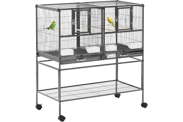 PawHut Cage à Oiseaux avec séparation mangeoire et perchoir 95L x 45,5l x 102H cm Noir et Gris